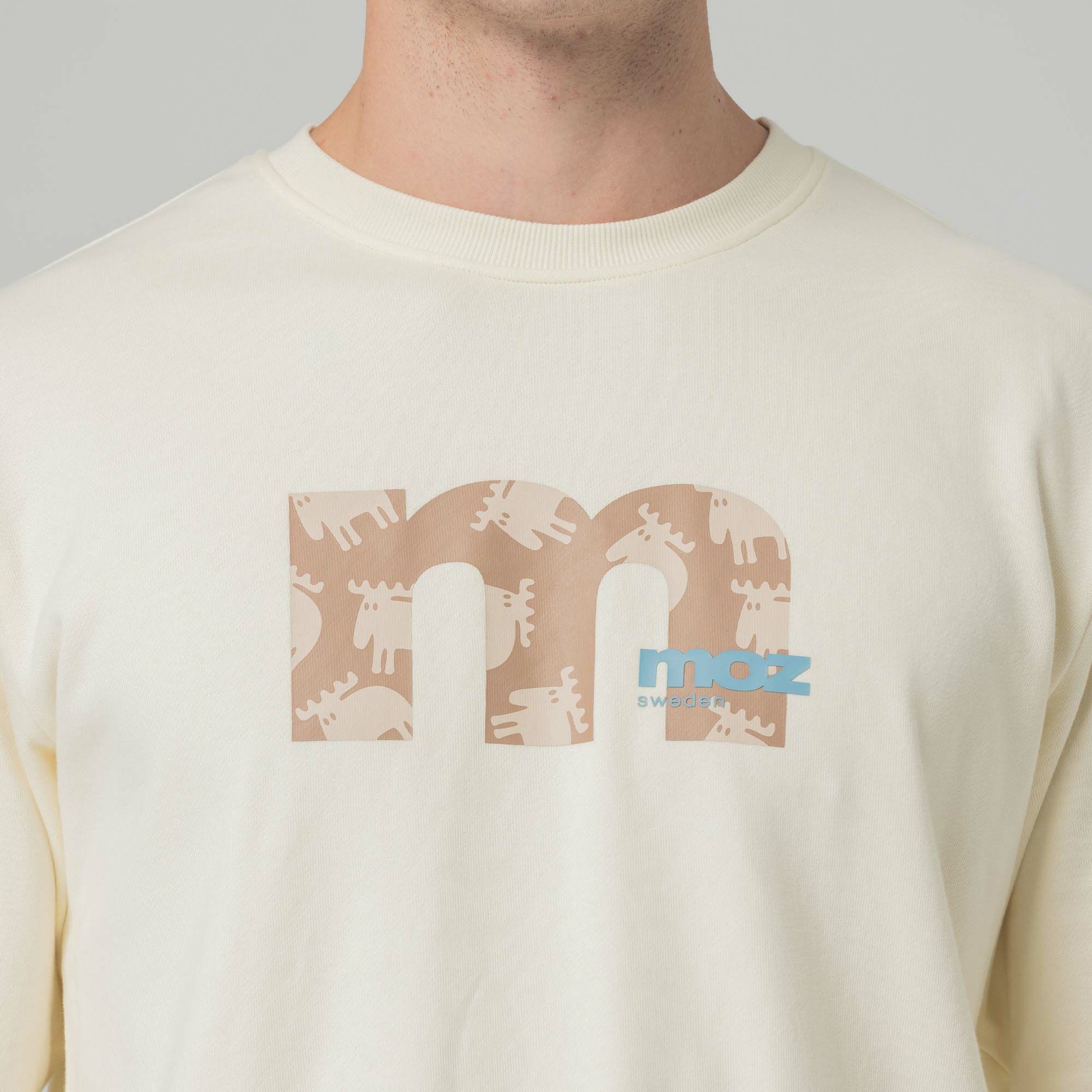 moz瑞典 M字駝鹿 100%純棉 大學T-奶油白(亞洲版) 男款