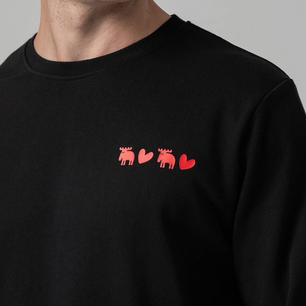 moz瑞典 心心相印駝鹿 100%純棉 大學T-黑色(亞洲版) 男款