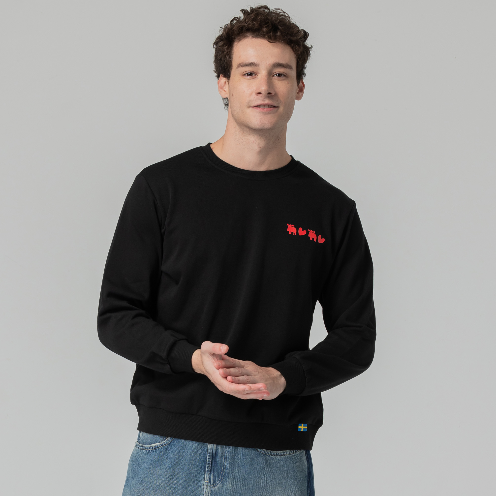 moz瑞典 心心相印駝鹿 100%純棉 大學T-黑色(亞洲版) 男款