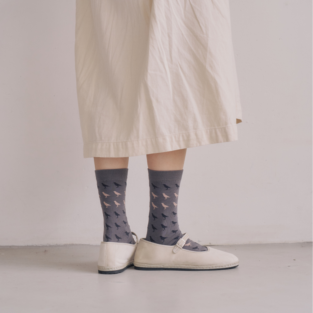 印花樂緹花中長襪亞麻灰黑