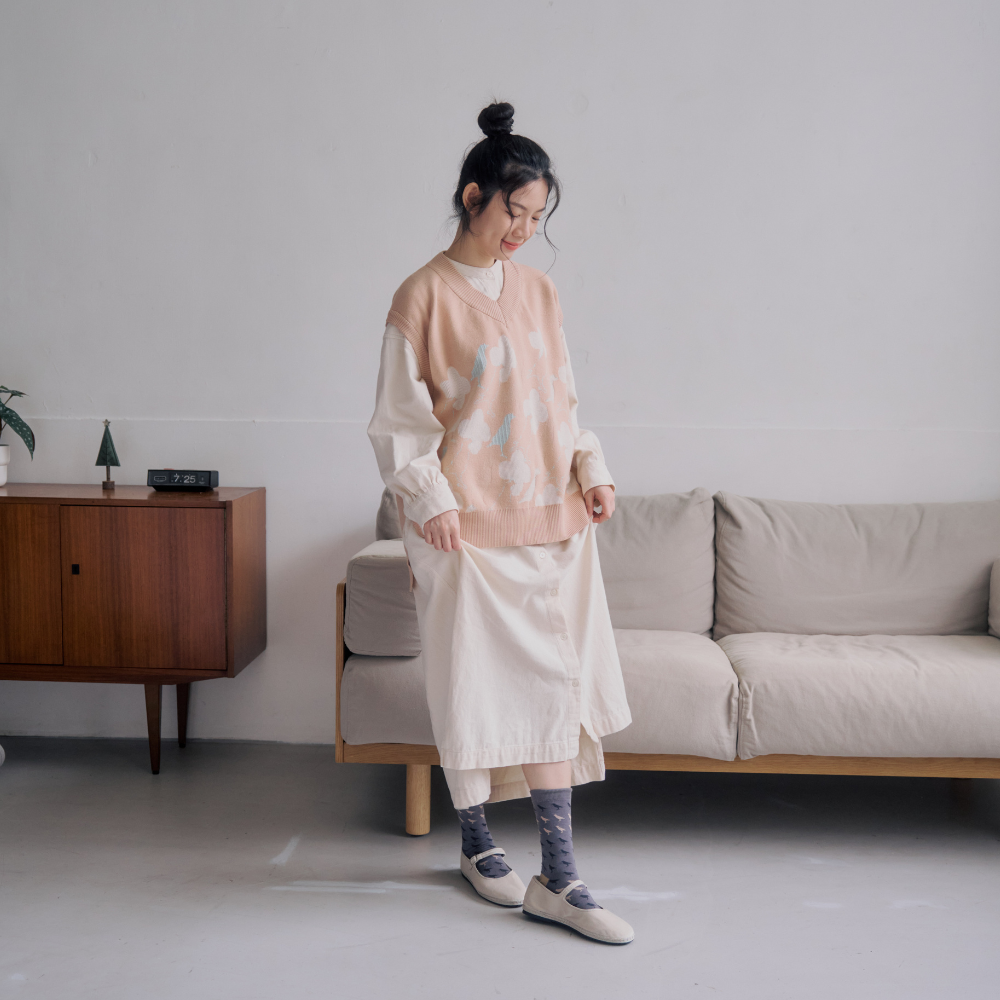 印花樂緹花中長襪亞麻灰黑