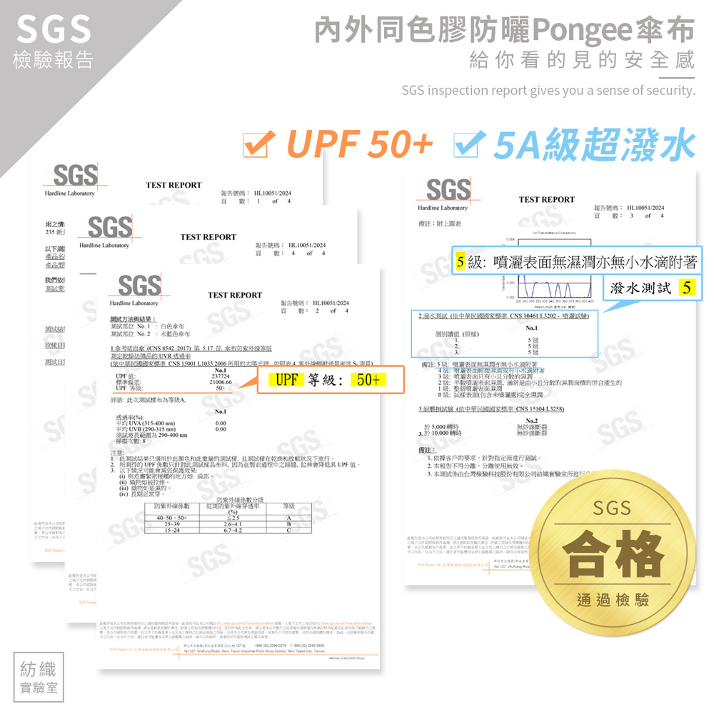 分節推推採膠自動傘符合SGS合格證明,雨傘防曬UPF50+等級,傘面超潑水測試