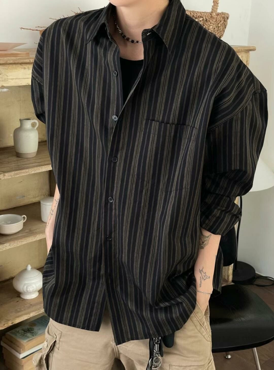 直紋長袖恤衫 Vass-007S