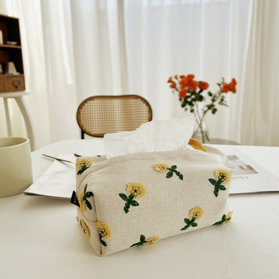《1119》日式清新布藝刺繡小雛菊棉質面紙套
