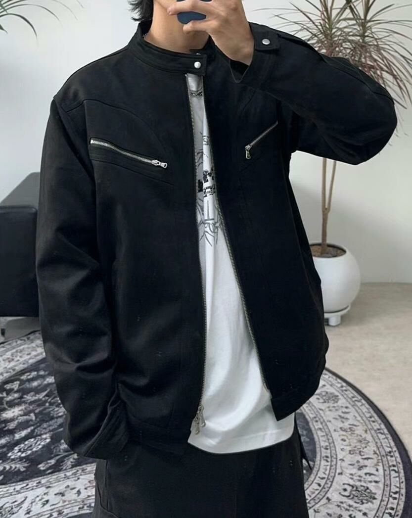 淨色企領拉鍊猄面外套 Vass-009JK