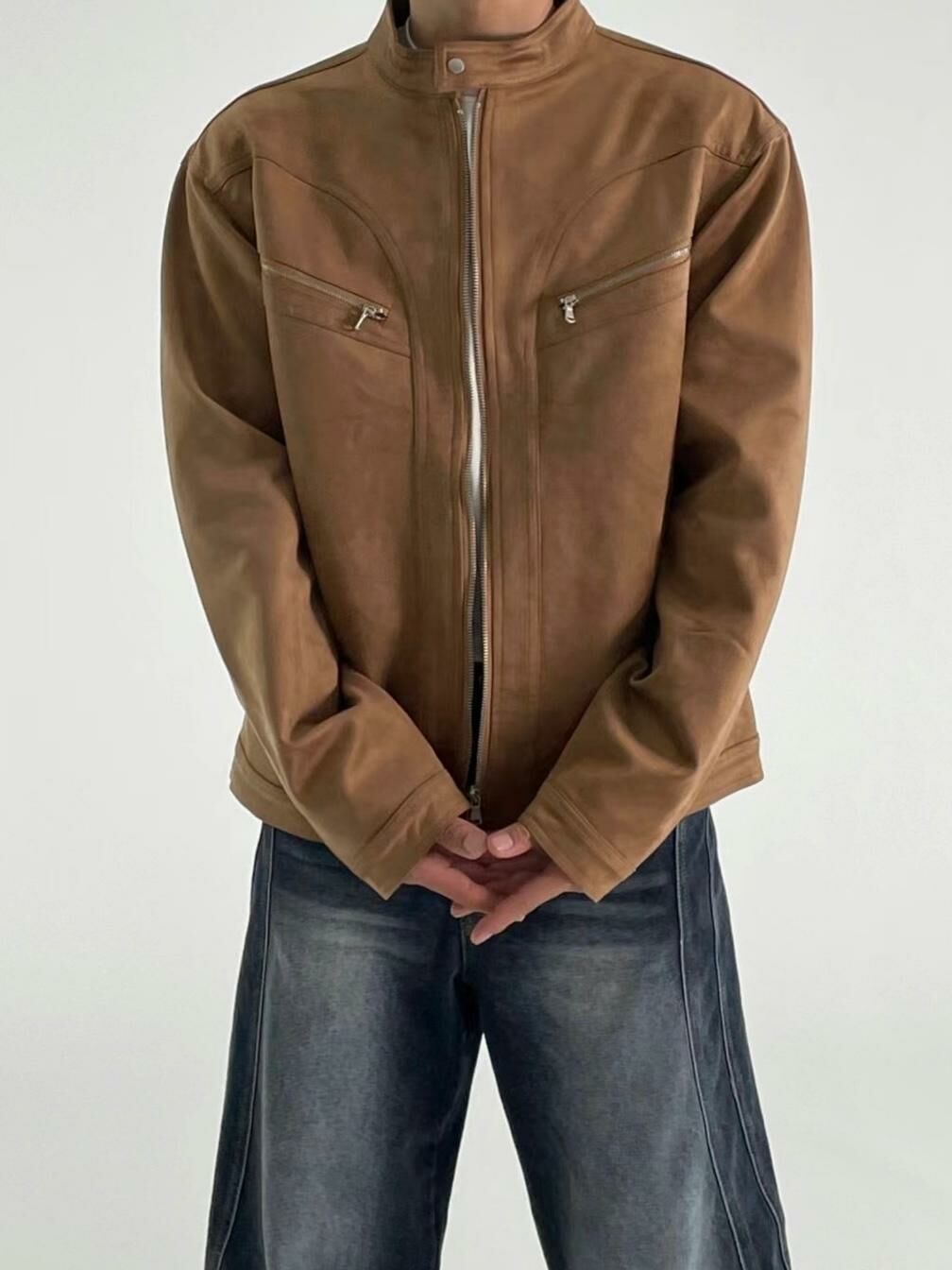 淨色企領拉鍊猄面外套 Vass-009JK