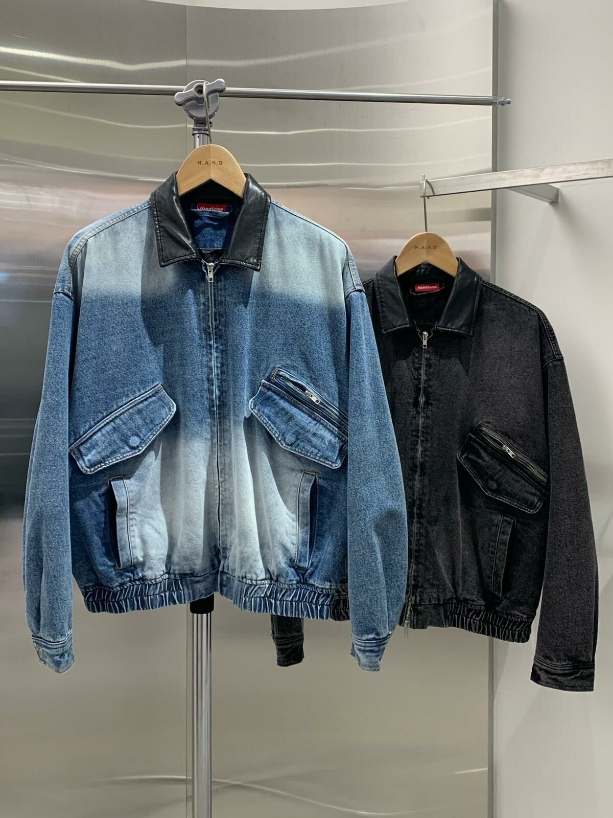 拼皮領洗水拉鍊牛仔外套 HAND-037JK