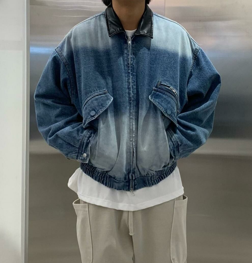拼皮領洗水拉鍊牛仔外套 HAND-037JK