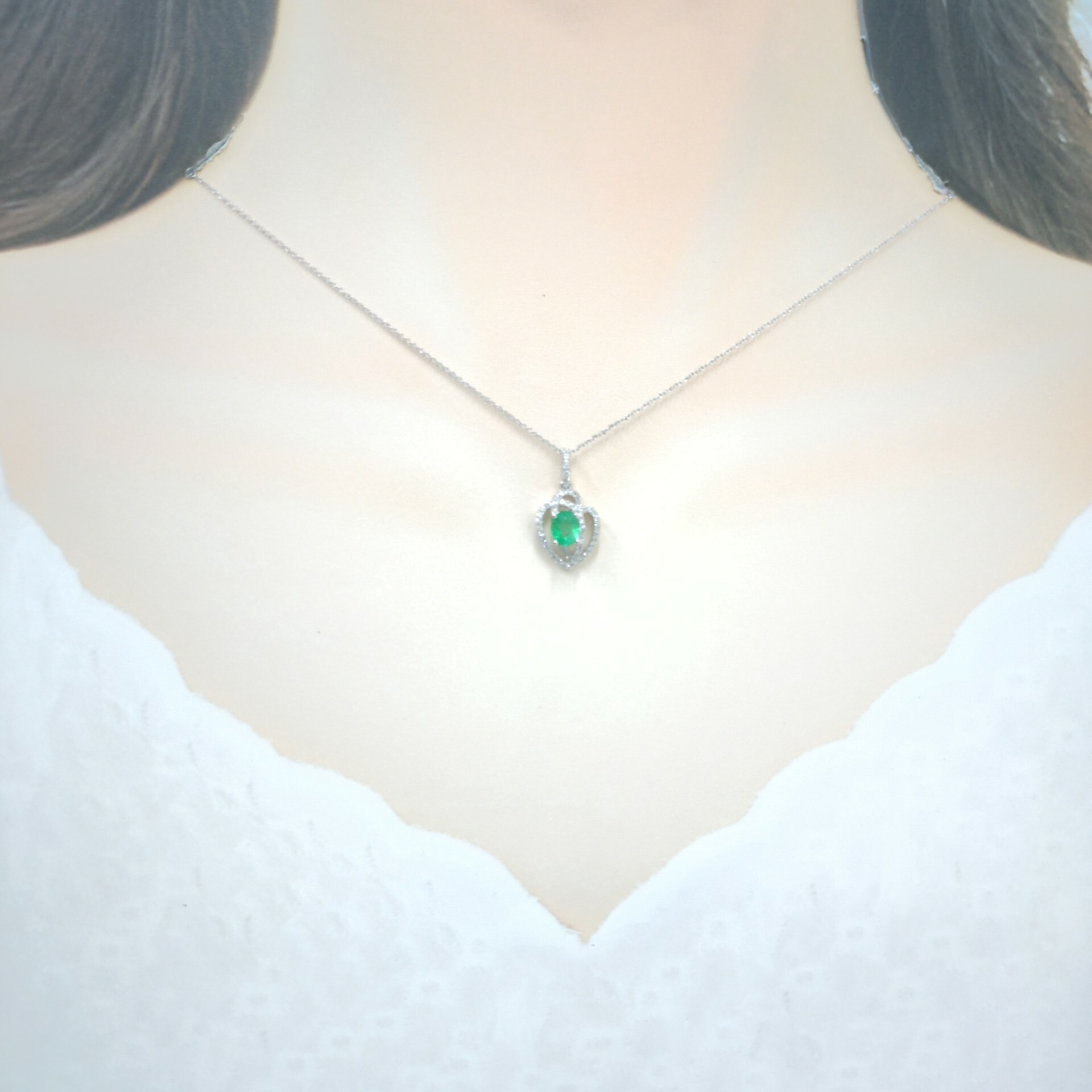 18K White Gold 0.72ct Emerald and Diamond Pendant