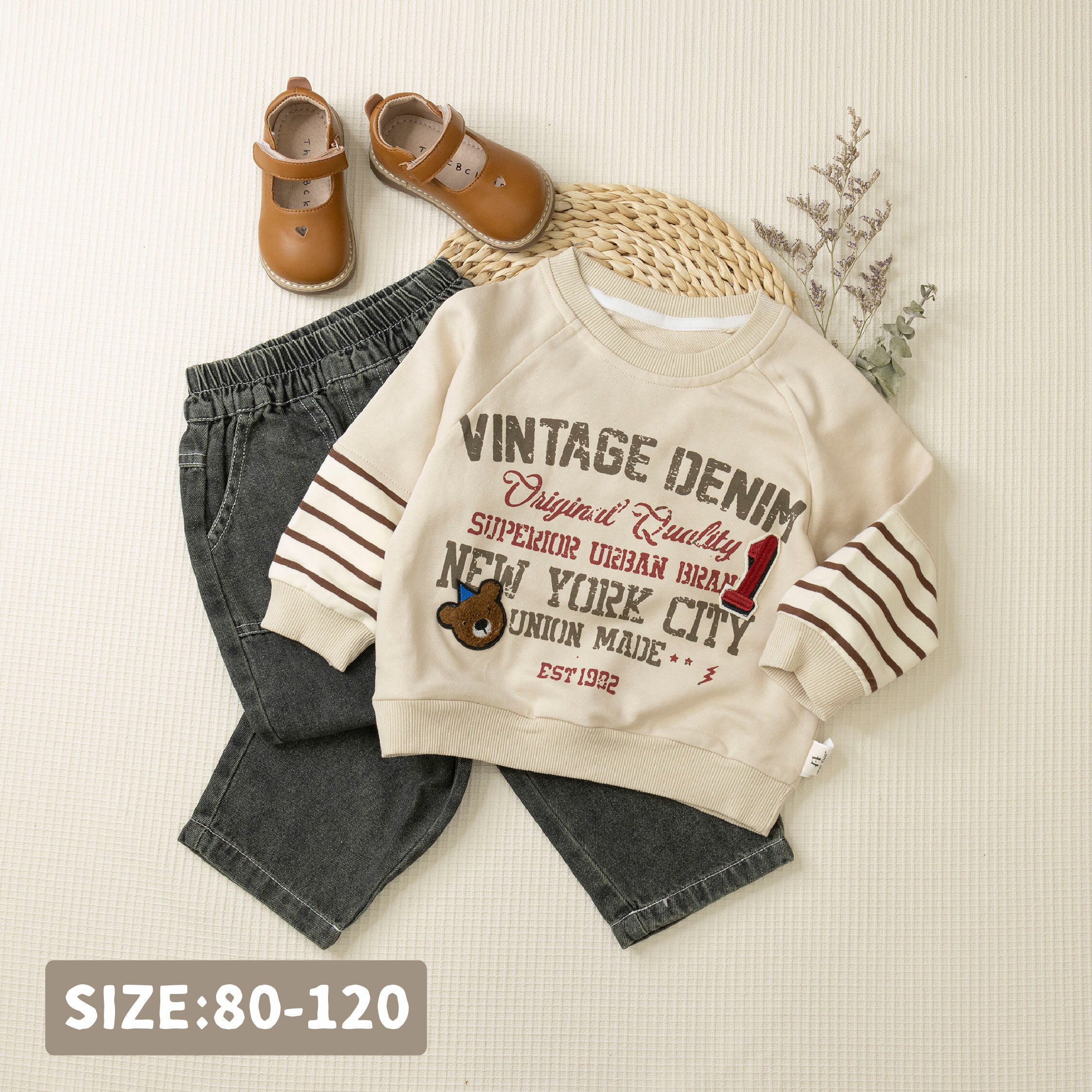 【H45155】Q毛熊熊布標條紋拼接上衣