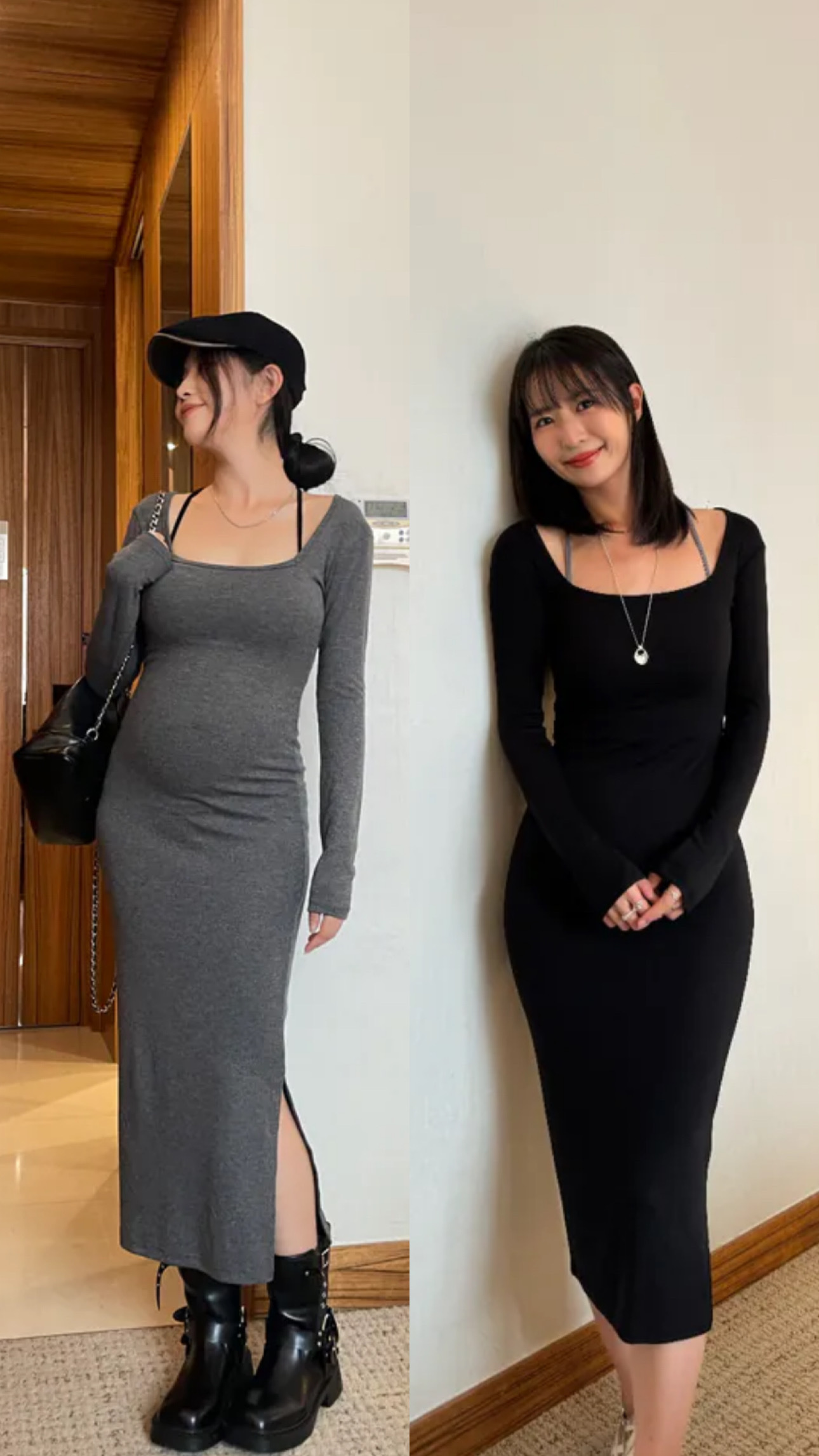 (訂購) 簡約百搭前開叉方領連身裙 OP1021 (黑/灰)