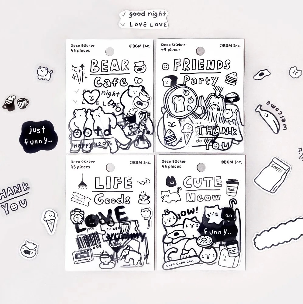 日本BGM．可愛黑白燙銀和紙/PET貼紙包 共四款