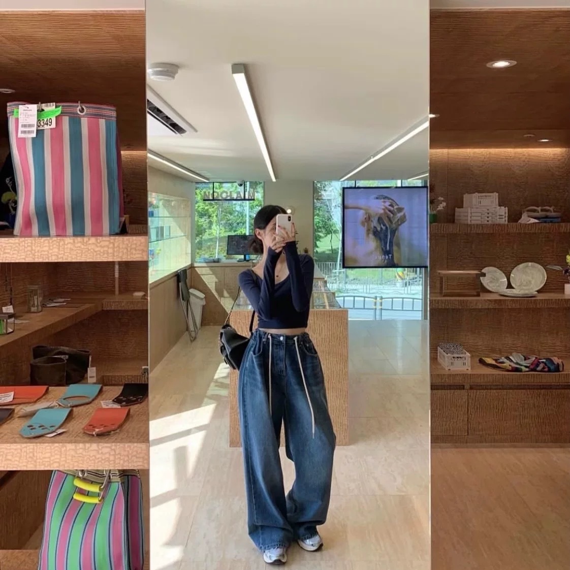 鬆緊麻繩牛仔垮褲