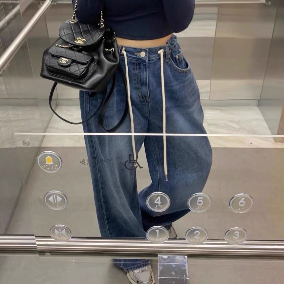 鬆緊麻繩牛仔垮褲