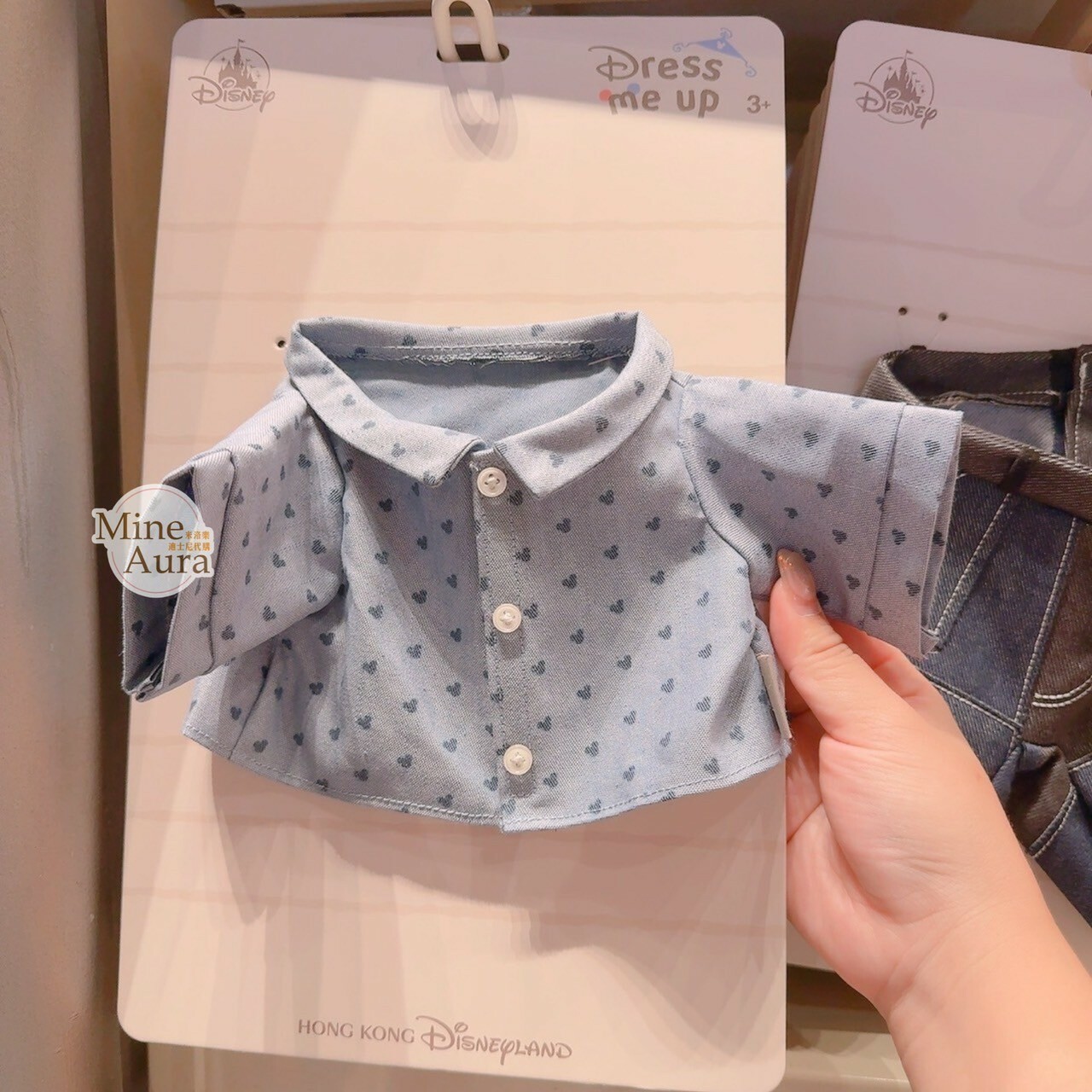 Dress me up 系列 達菲 Duffy 與好友們 S號娃娃 滿版米奇頭圖案 牛仔 襯衫 上衣 造型服裝 (無娃娃) -香港迪士尼樂園