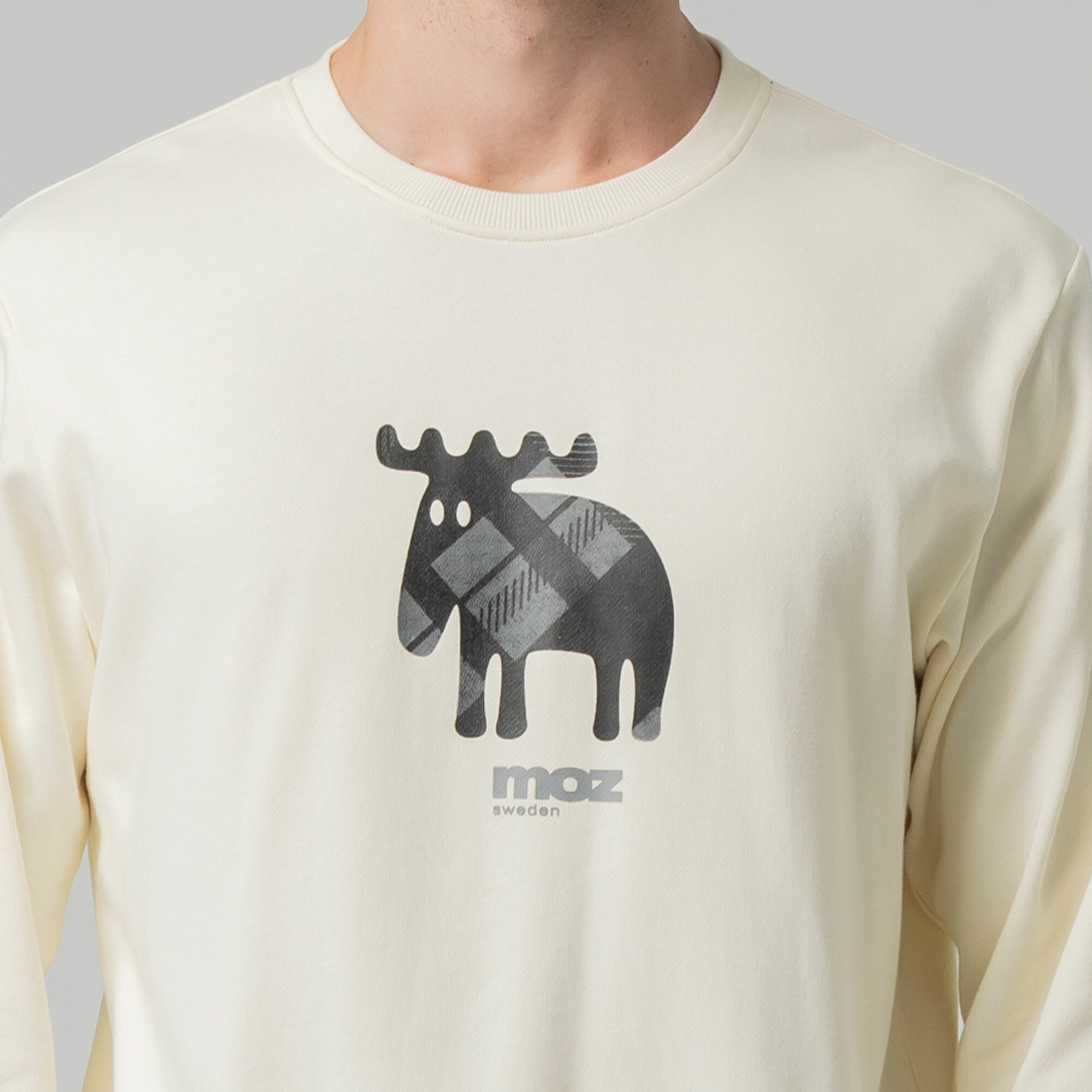 moz瑞典 格紋駝鹿 100%純棉 大學T-奶油白(亞洲版) 男款