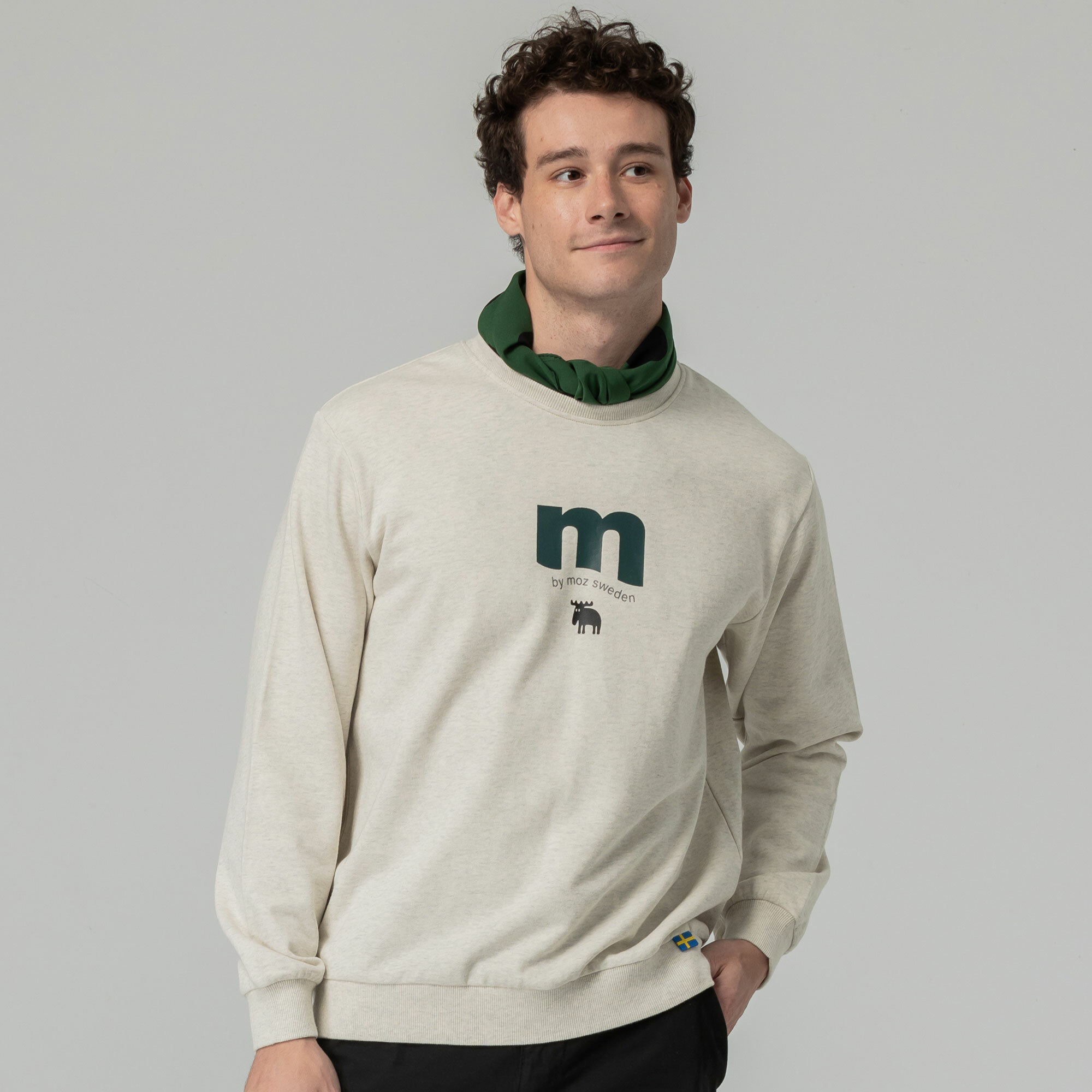 moz瑞典 字母駝鹿 100%純棉 大學T-麻花灰(亞洲版) 男款