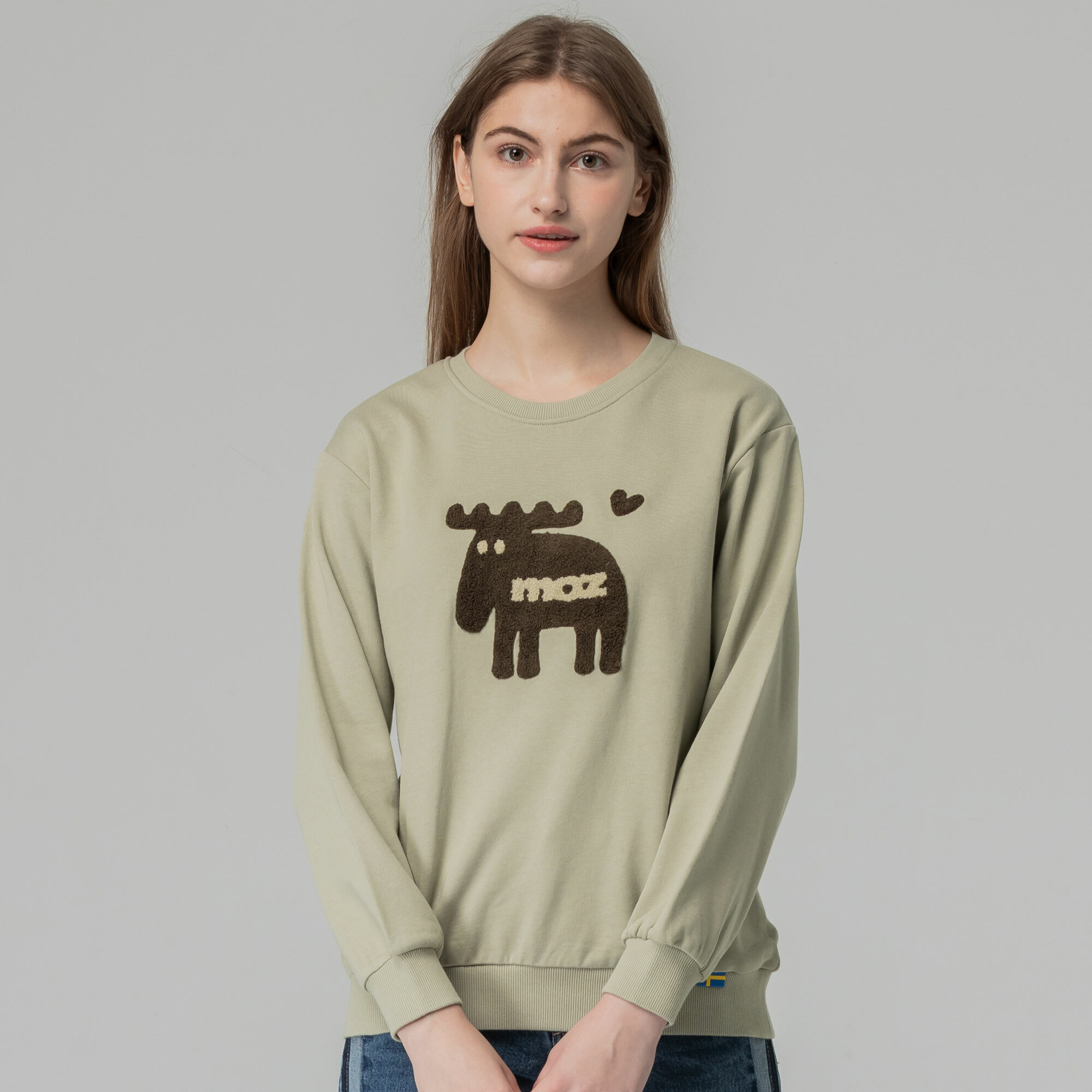 moz瑞典 毛巾繡愛心駝鹿 100%純棉 大學T-橄欖綠(亞洲版) 女款