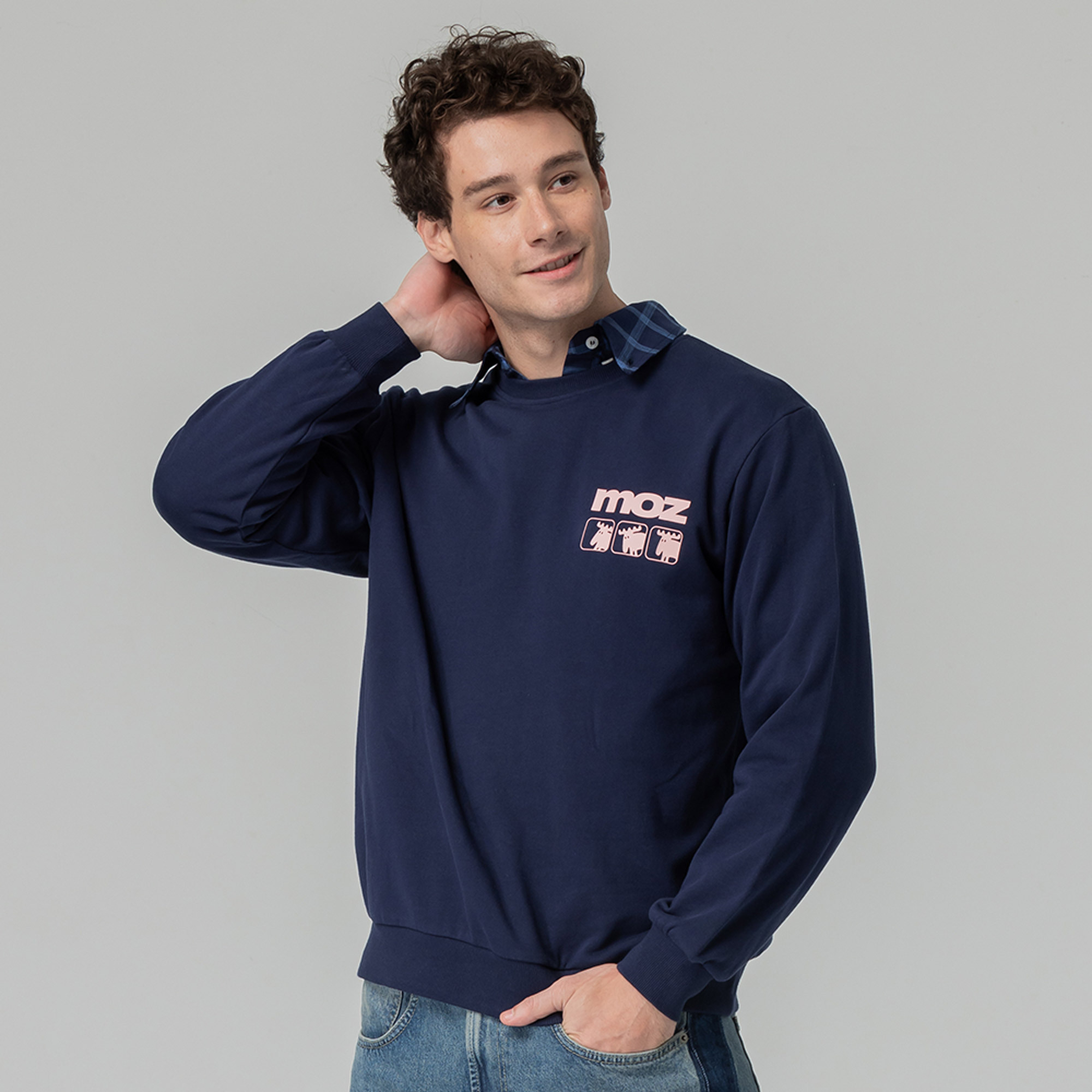 moz瑞典 三隻駝鹿 100%純棉 大學T-深藍(亞洲版) 男款