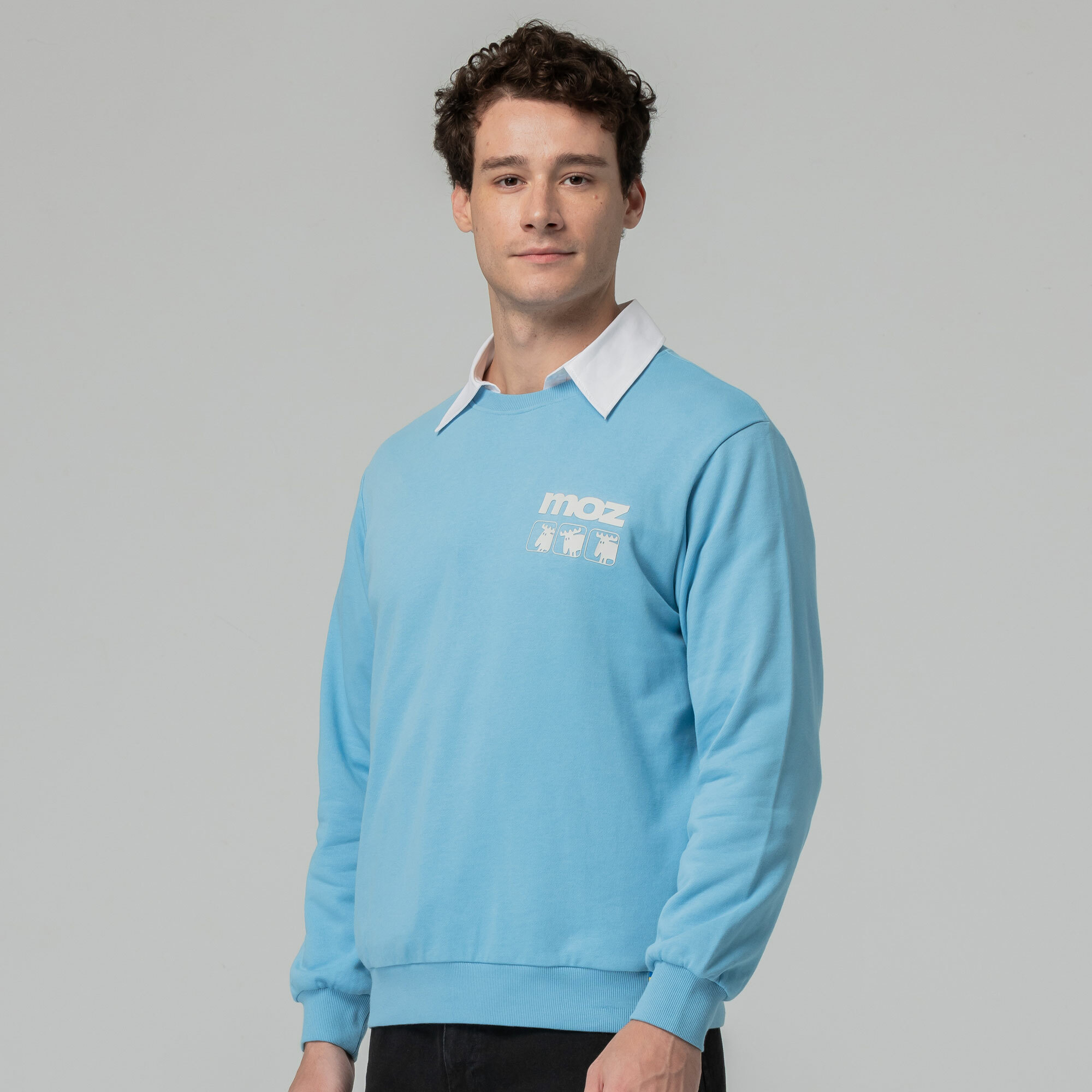 moz瑞典 三隻駝鹿 100%純棉 大學T-水藍(亞洲版) 男款