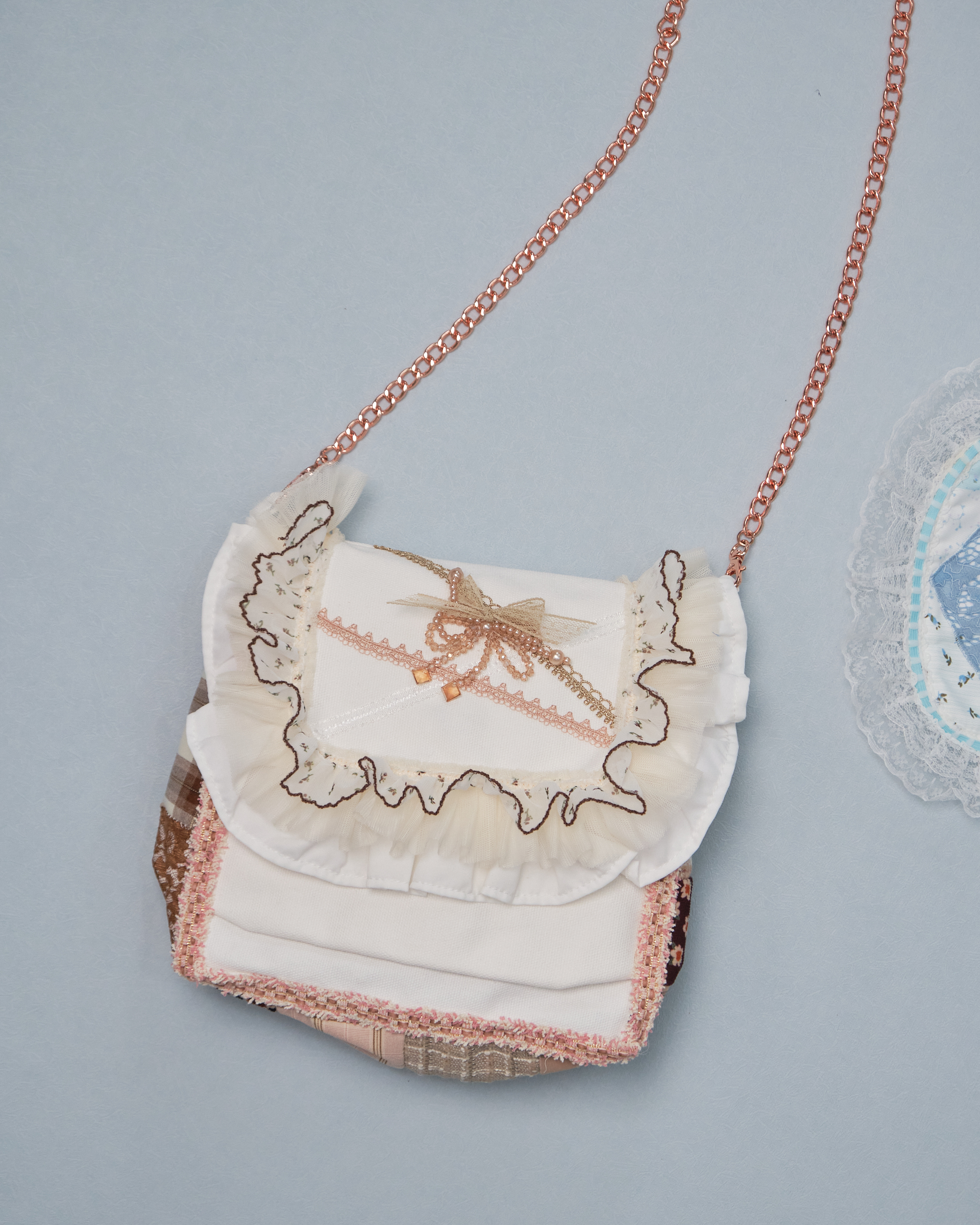 11273 Patchwork Laced Ruffle Canvas Crossbody Bag