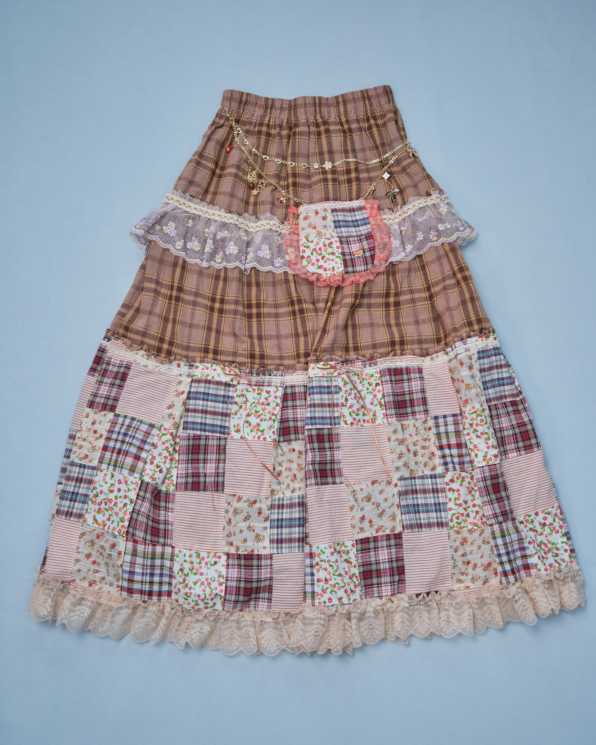 11287 Pastoral Style Plaid Long Skirt With Detachable Pocket