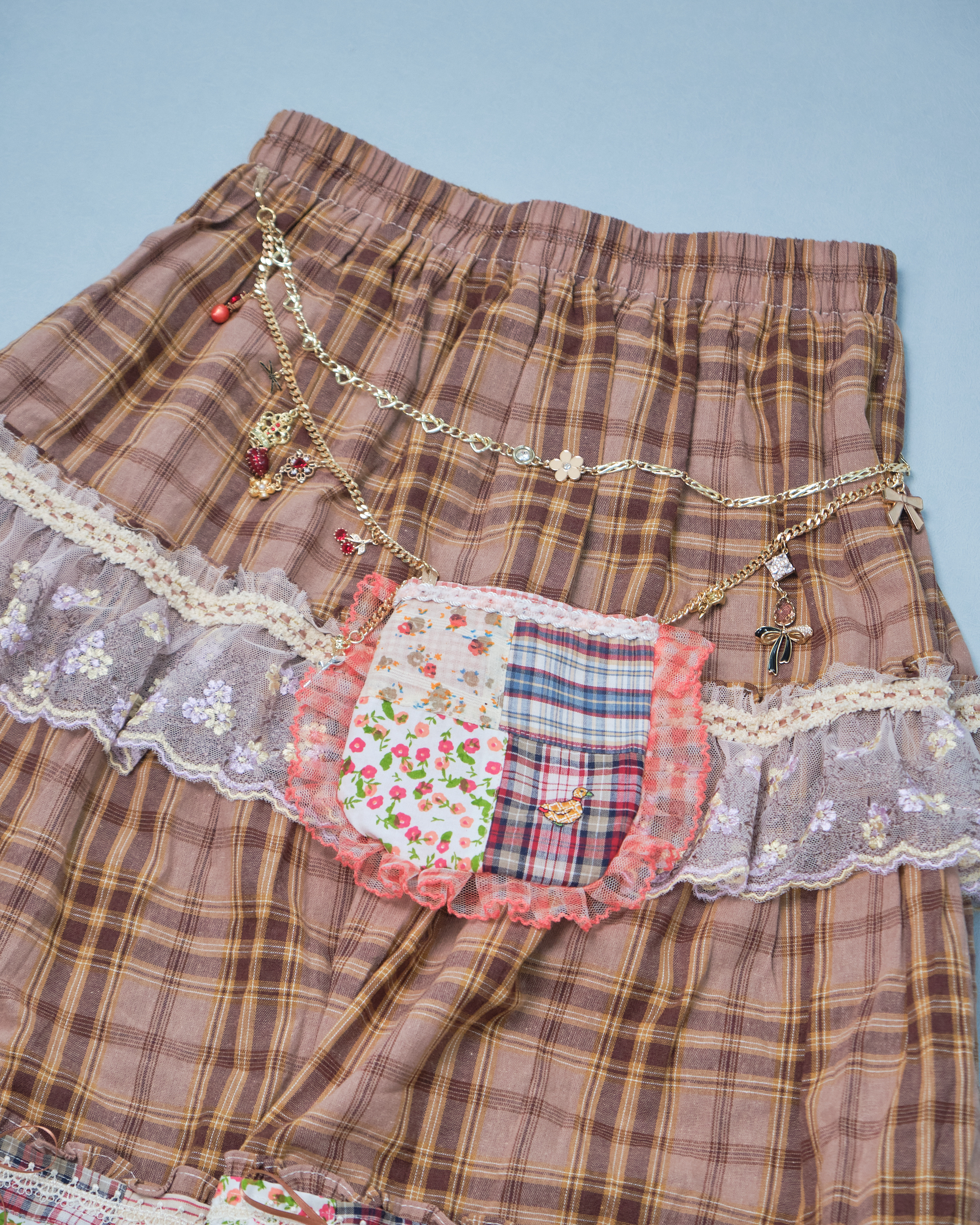 11287 Pastoral Style Plaid Long Skirt With Detachable Pocket