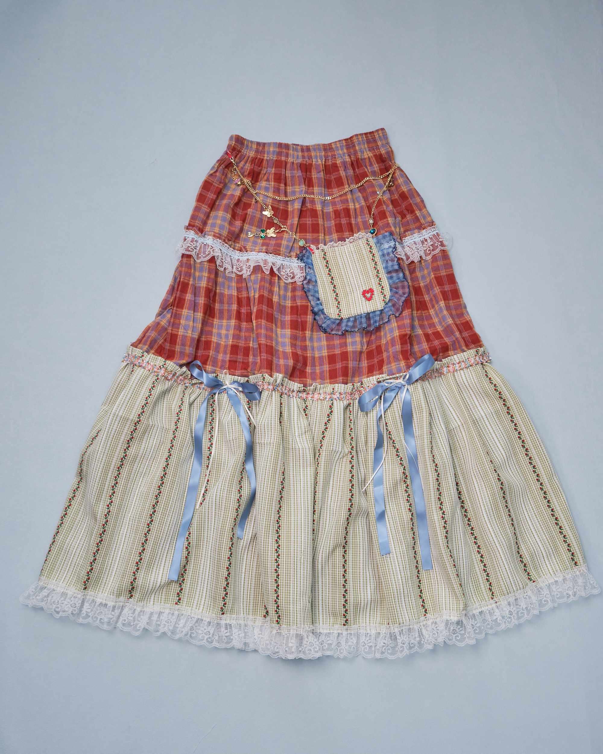 11288 Pastoral Style Plaid Long Skirt With Detachable Pocket