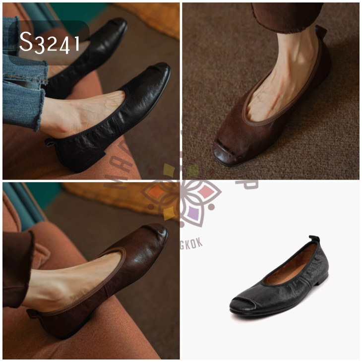 S3241 - 全真皮羊仔皮純色凸紋圓頭平底鞋