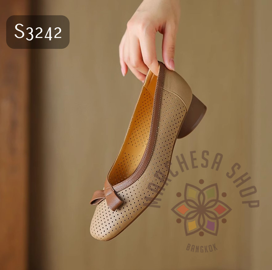 S3242 - 牛皮拼色網孔方頭低踭鞋