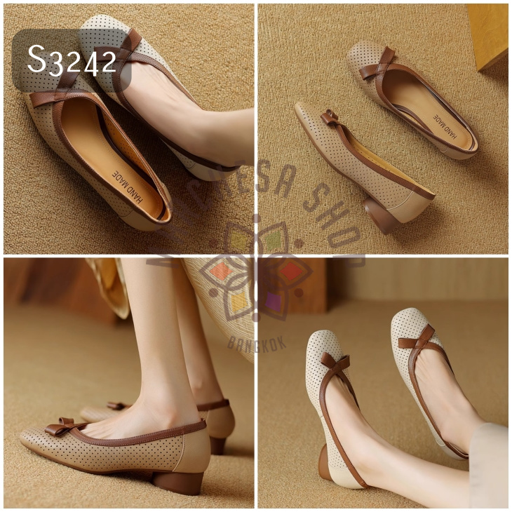 S3242 - 牛皮拼色網孔方頭低踭鞋