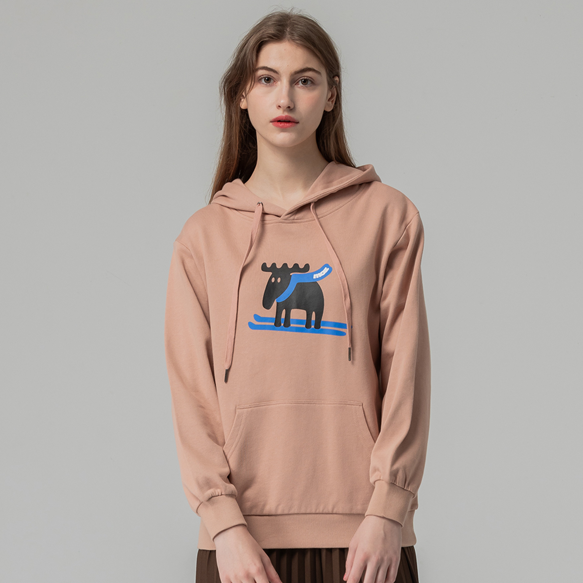 moz瑞典 雪橇駝鹿 100%純棉 帽T-霧粉(亞洲版) 女款