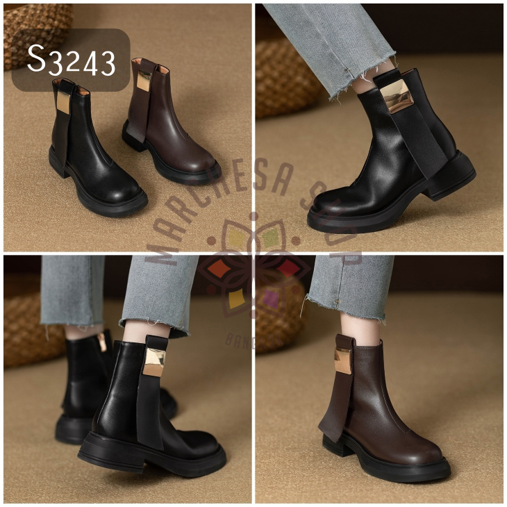 S3243 - 牛皮金屬裝飾圓頭短靴