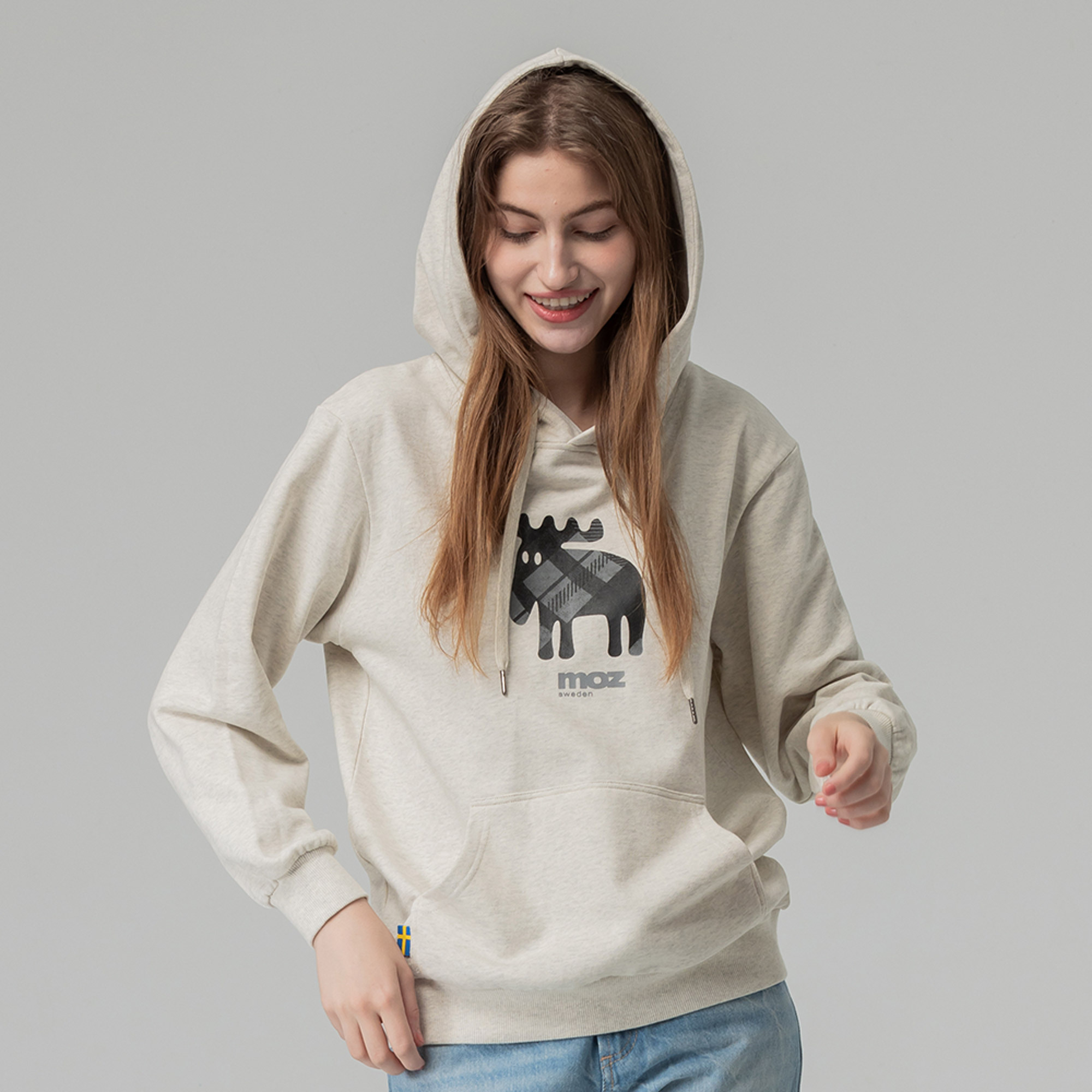 moz瑞典 格紋駝鹿 100%純棉 帽T-麻花灰(亞洲版) 女款