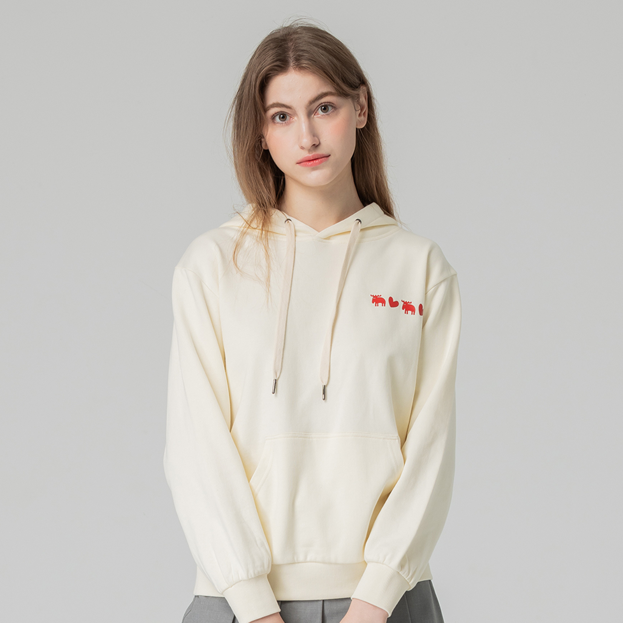 moz瑞典 心心相印駝鹿 100%純棉 帽T-奶油白(亞洲版) 女款