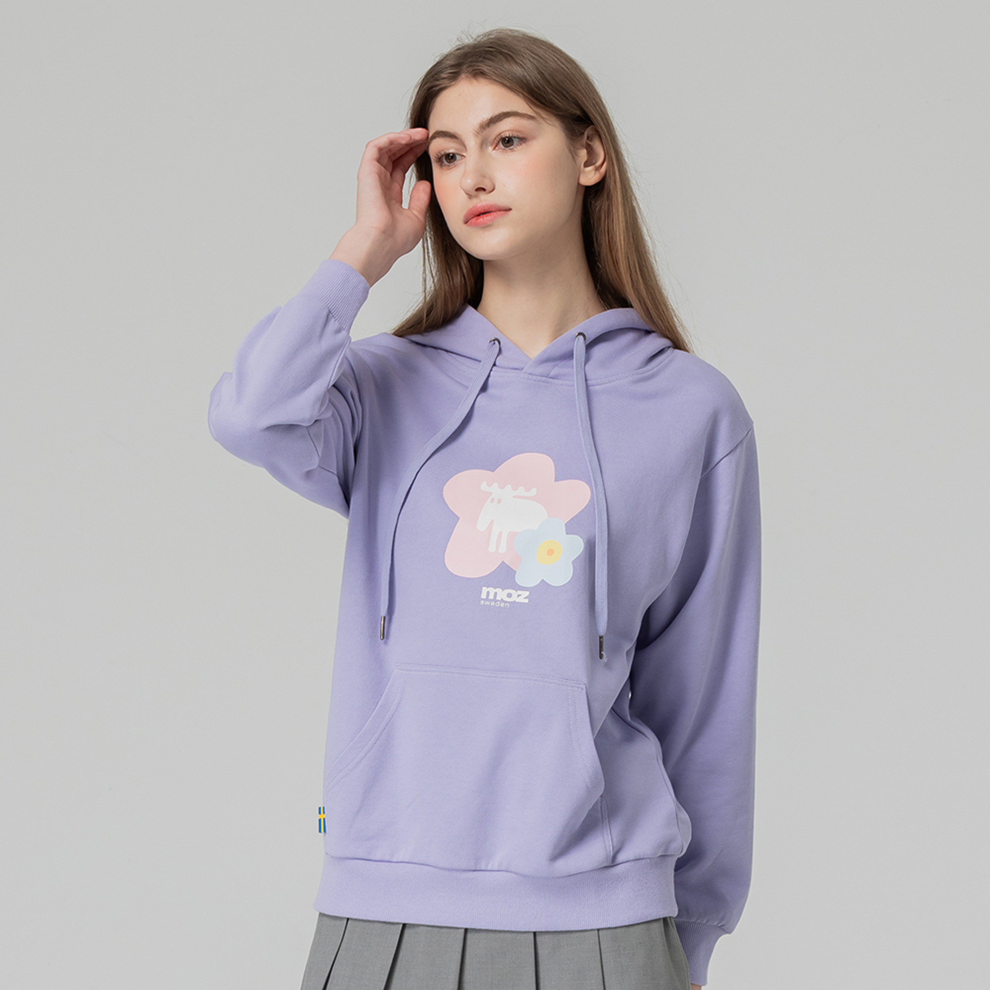 moz瑞典 FLOWER駝鹿 100%純棉 帽T-薰衣草(亞洲版) 女款