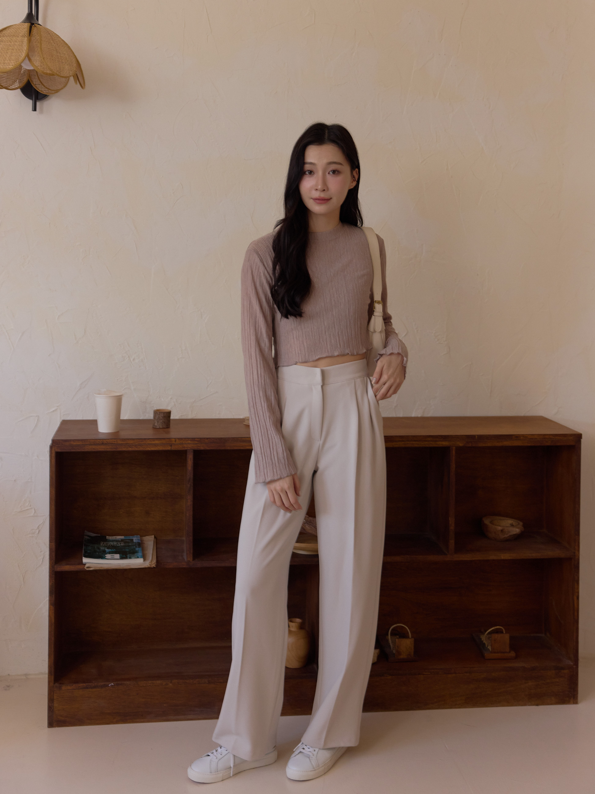 高腰前打褶顯瘦西褲