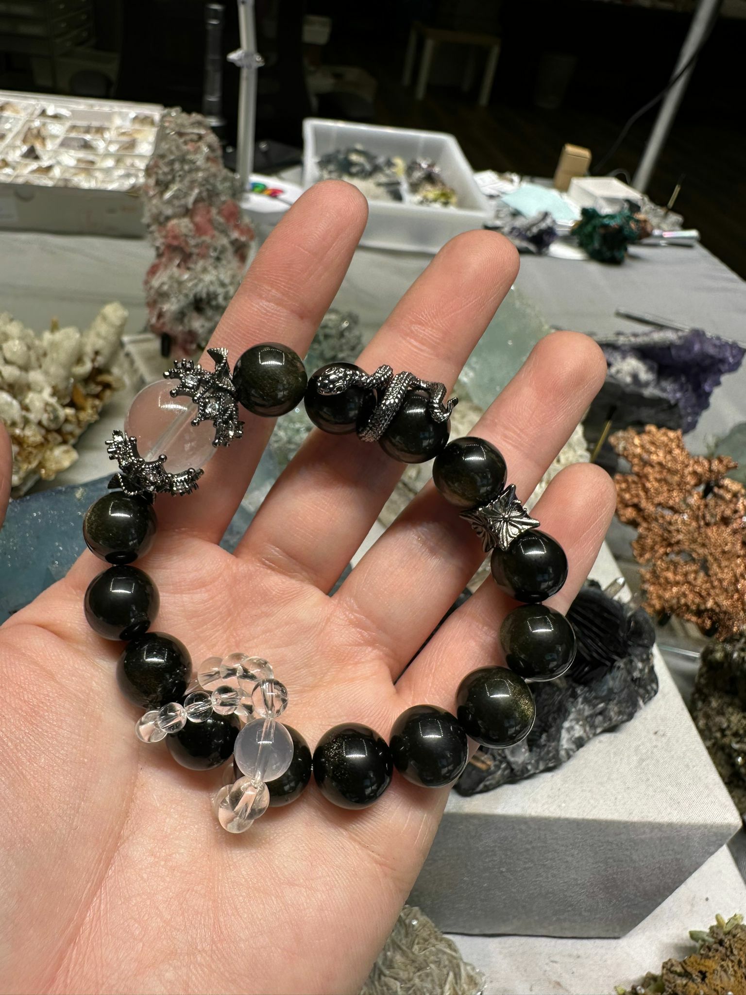 【現貨】L102529 黑曜石拼白水晶手串（限量印度全手工款）