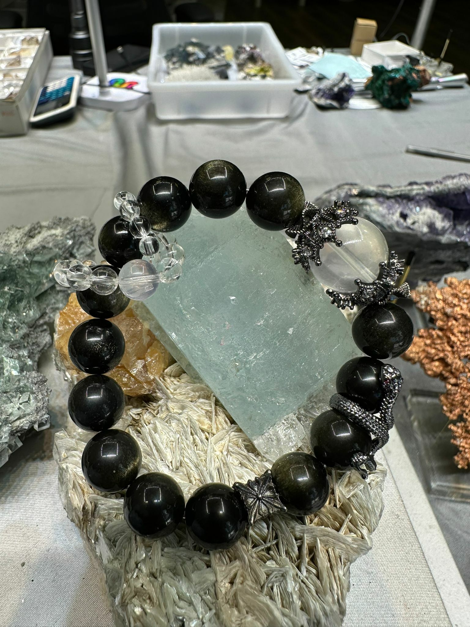 【現貨】L102529 黑曜石拼白水晶手串（限量印度全手工款）