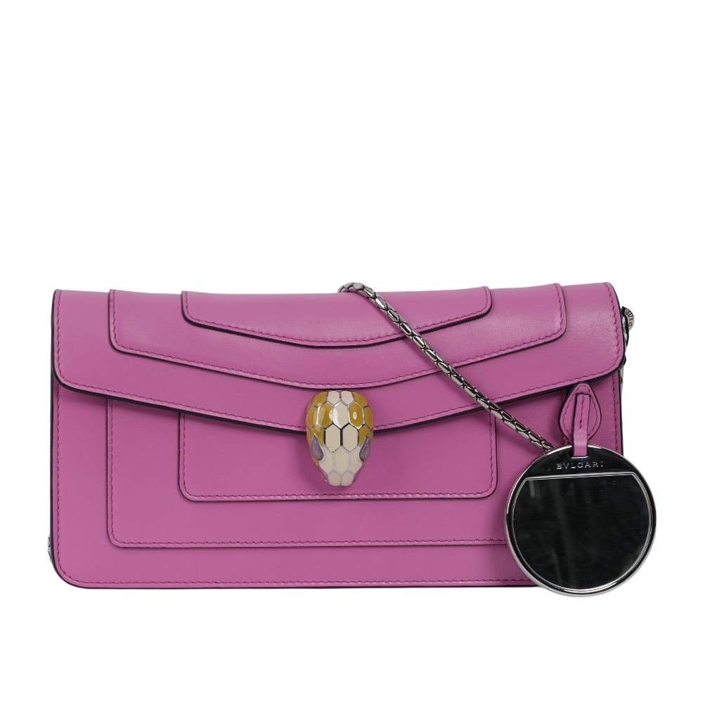 【BVLGARI】Serpenti 琺瑯蛇頭橫版肩背包/手拿包(粉紫色)BG11000002