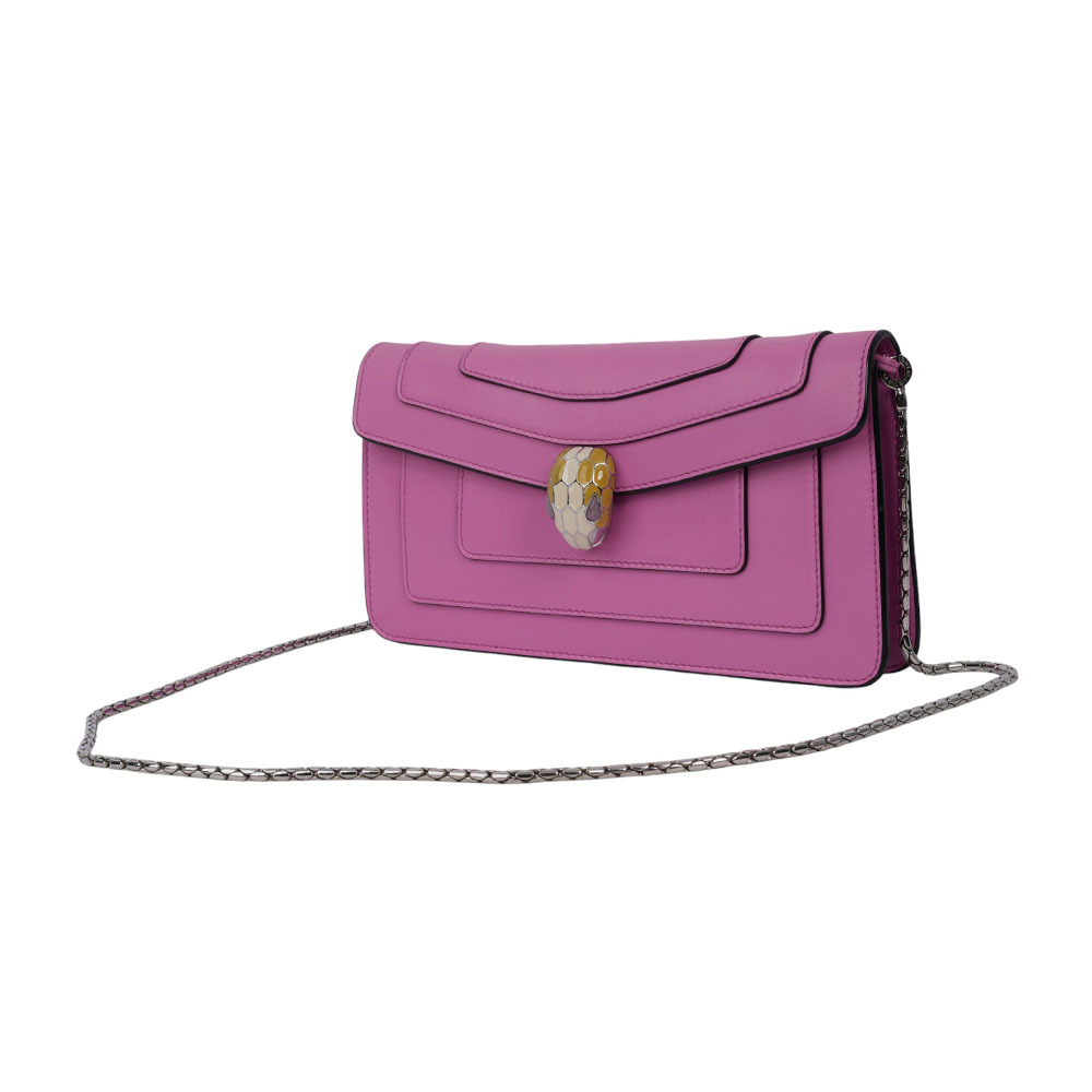 【BVLGARI】Serpenti 琺瑯蛇頭橫版肩背包/手拿包(粉紫色)BG11000002