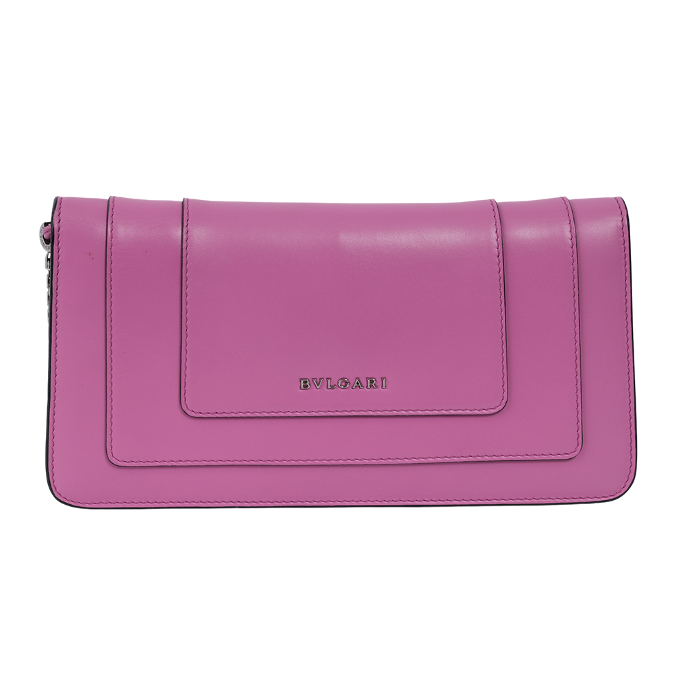 【BVLGARI】Serpenti 琺瑯蛇頭橫版肩背包/手拿包(粉紫色)BG11000002