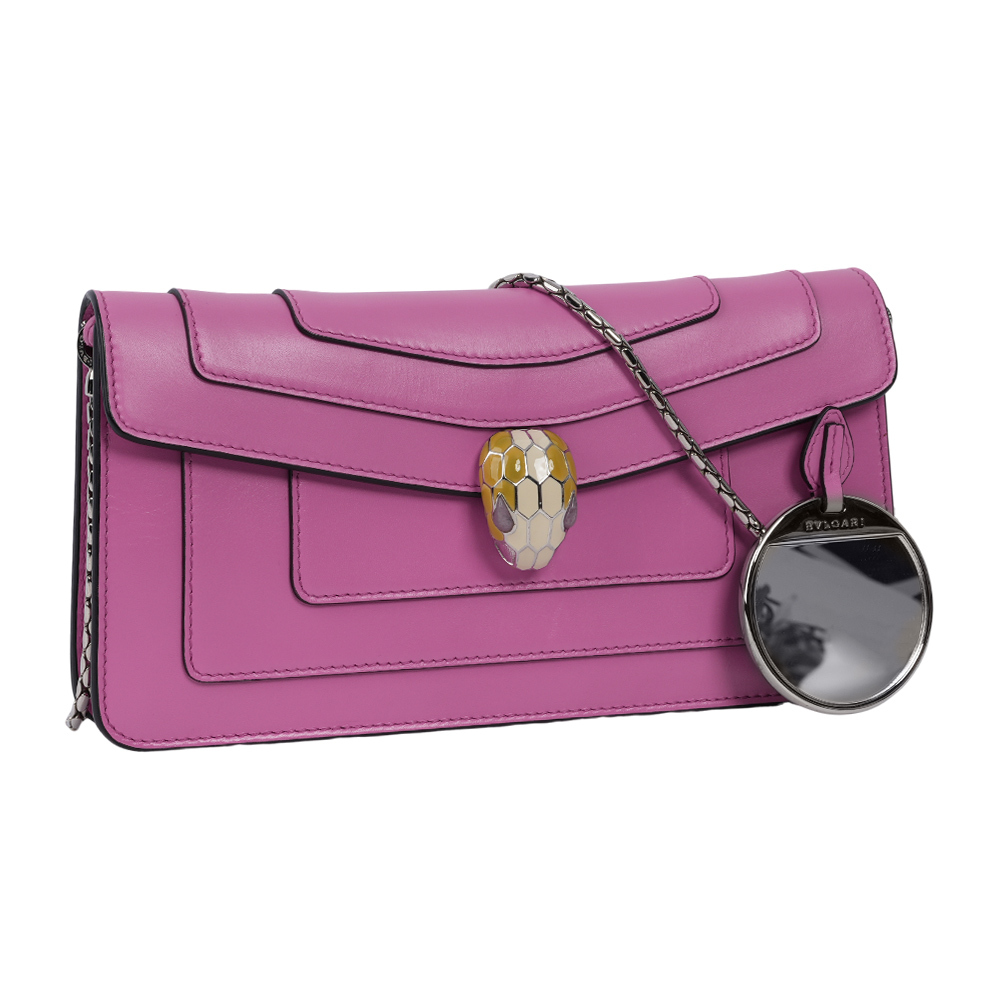 【BVLGARI】Serpenti 琺瑯蛇頭橫版肩背包/手拿包(粉紫色)BG11000002