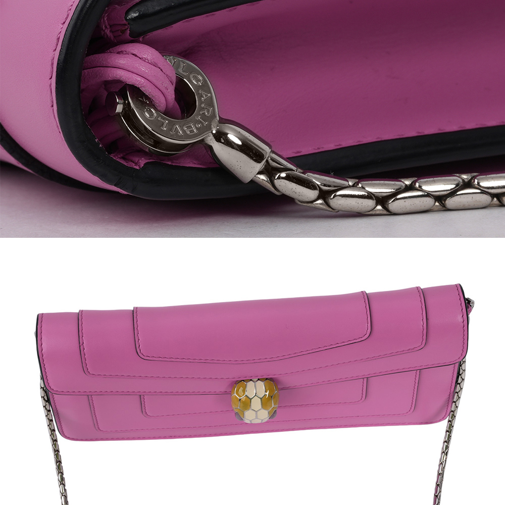 【BVLGARI】Serpenti 琺瑯蛇頭橫版肩背包/手拿包(粉紫色)BG11000002