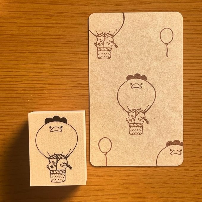 日本YUN．雞家族-熱氣球之旅 3x4cm原創櫸木印章