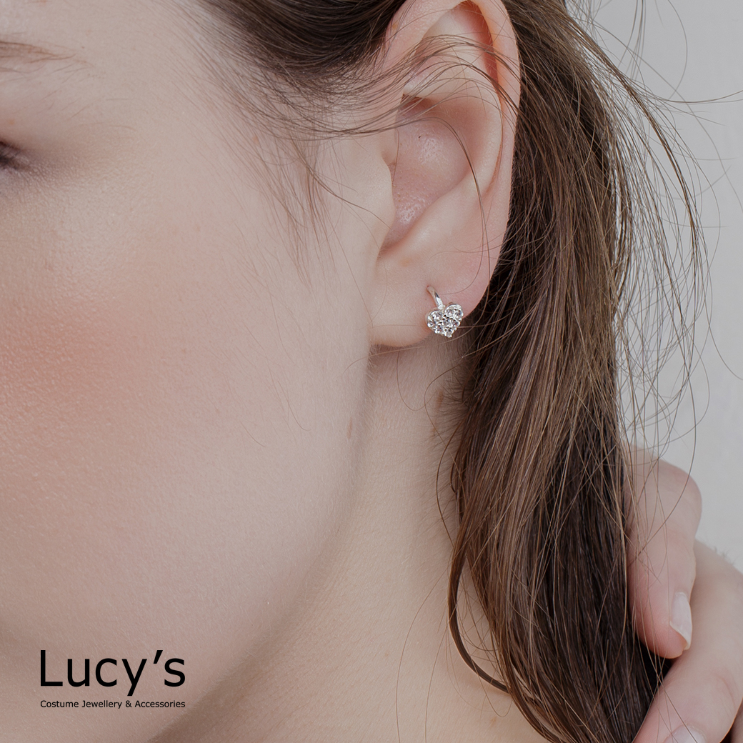 925純銀 極小圈愛心鑲鑽 易扣耳環 (113373)