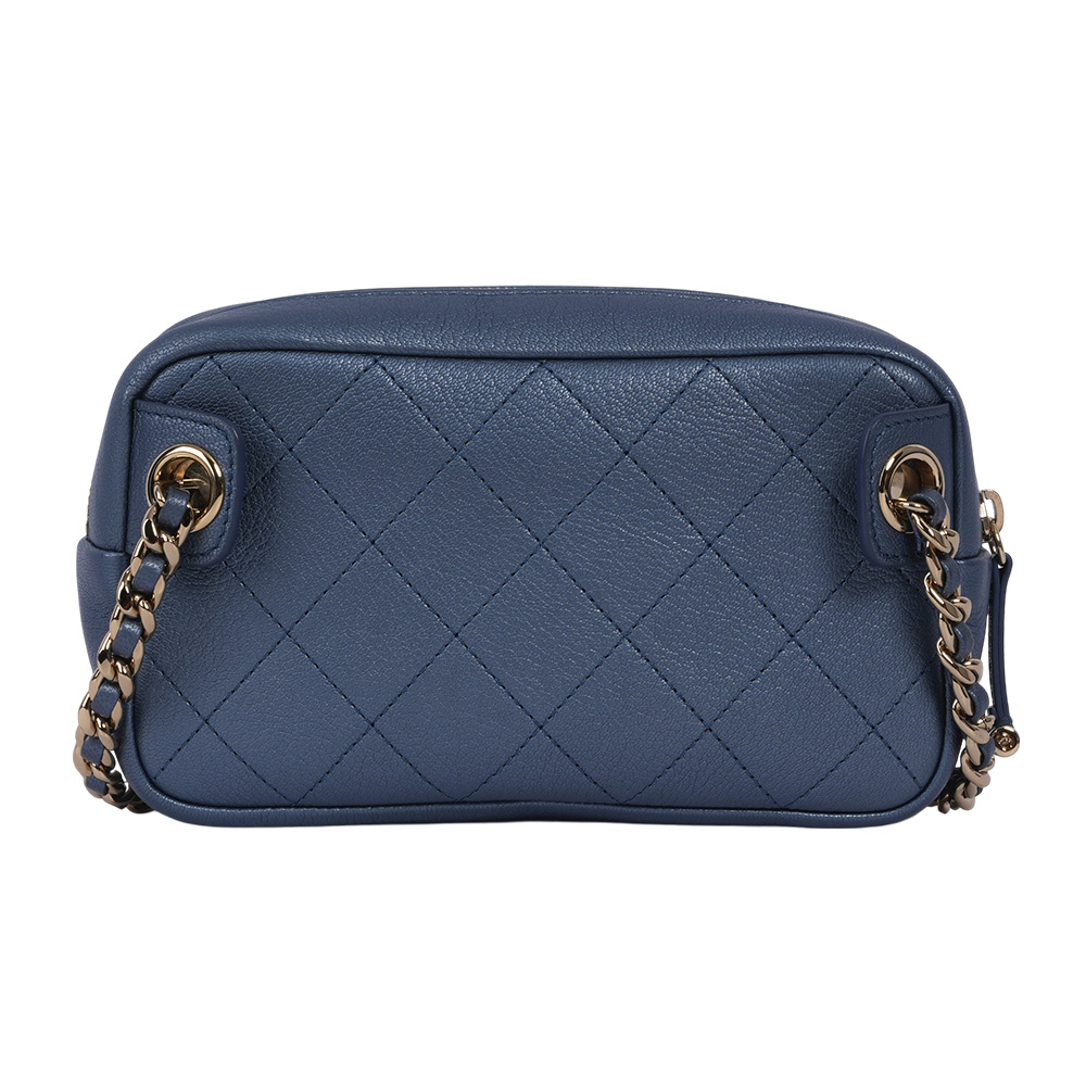 【CHANEL】金釦菱格紋牛皮相機腰包(珠光藍)CH18000010