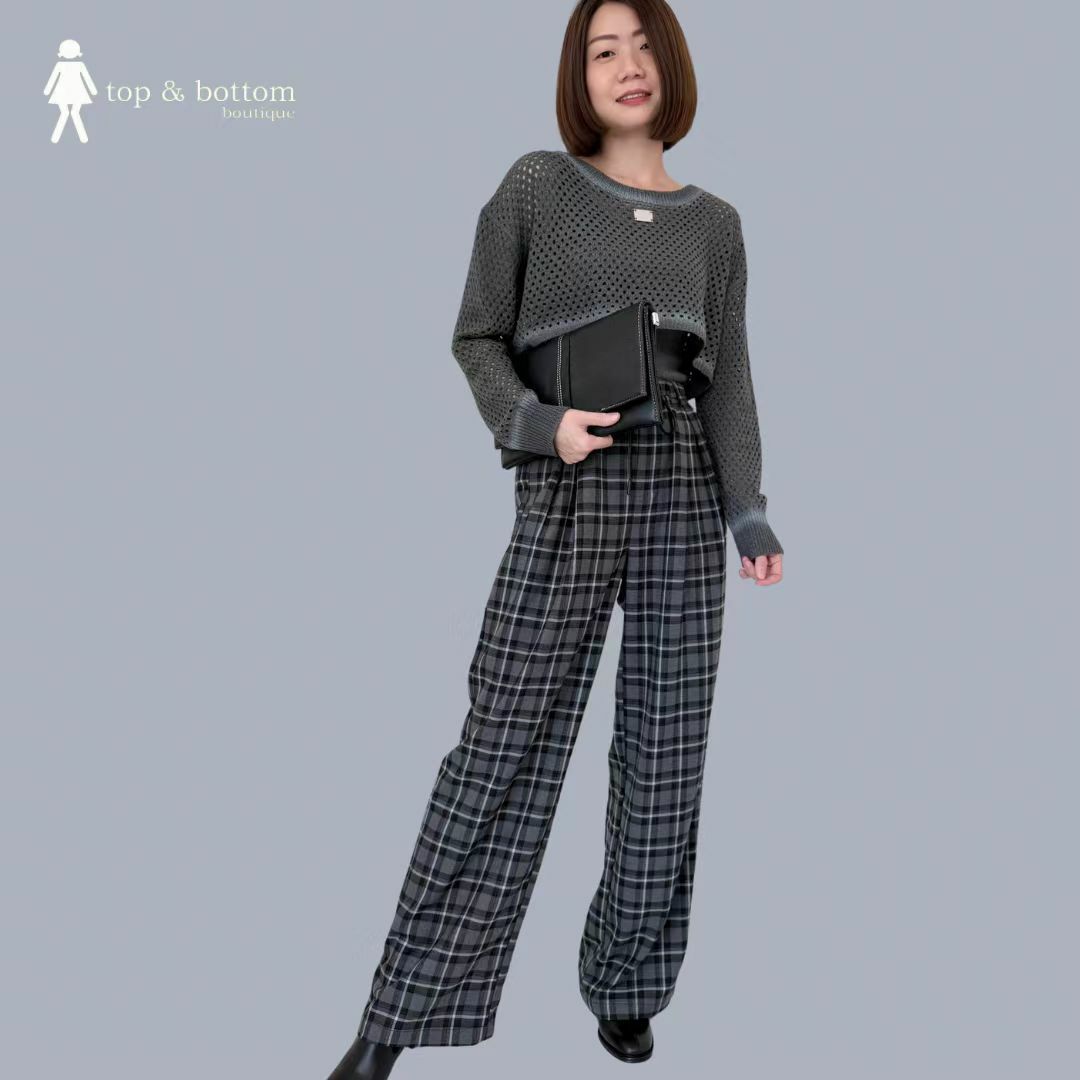 DRAWSTRING CHECKED WIDE LEG PANT
