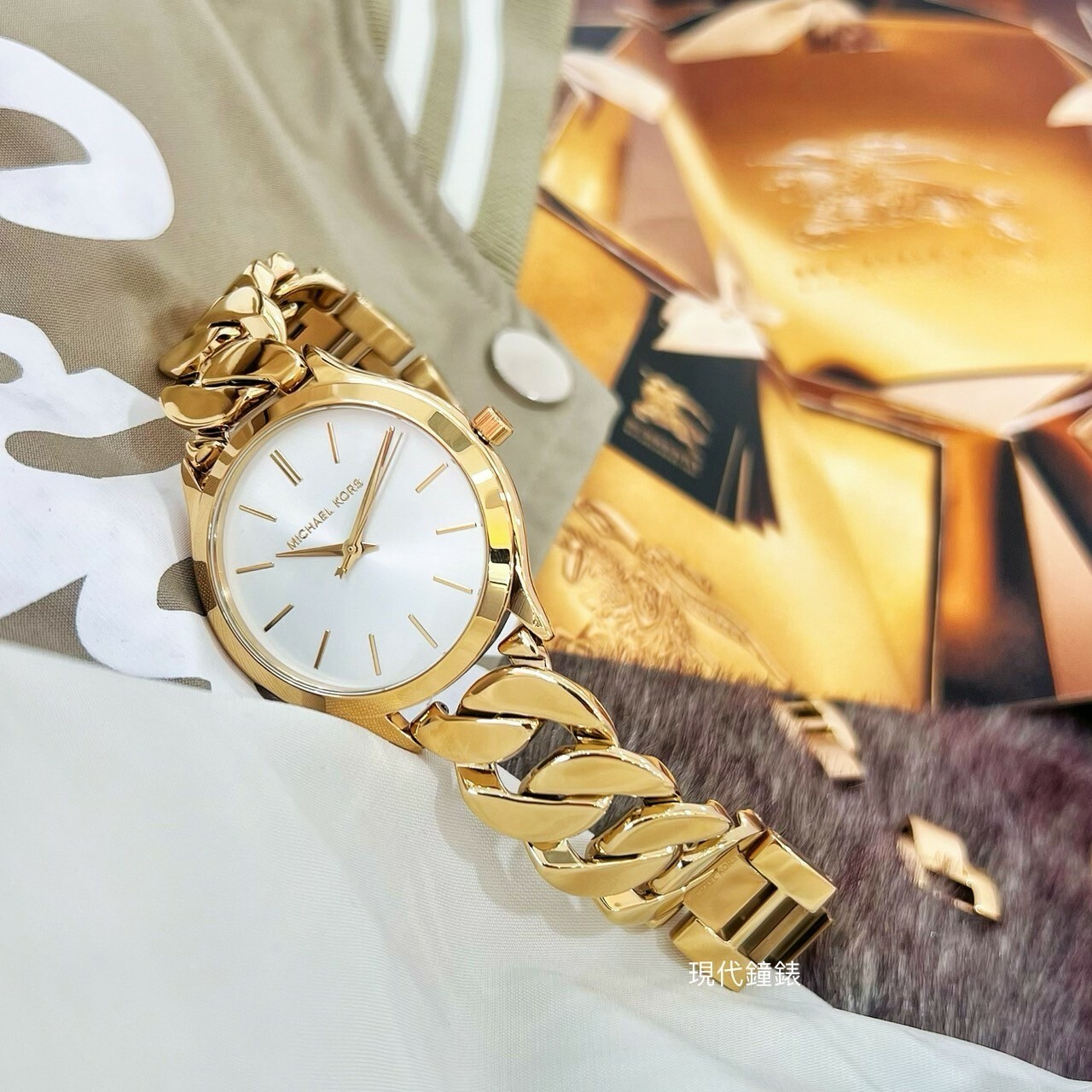 【MICHAEL KORS】SLIM RUNWAY 美式個性編織鍊帶腕錶MK7472 38m 現代鐘錶