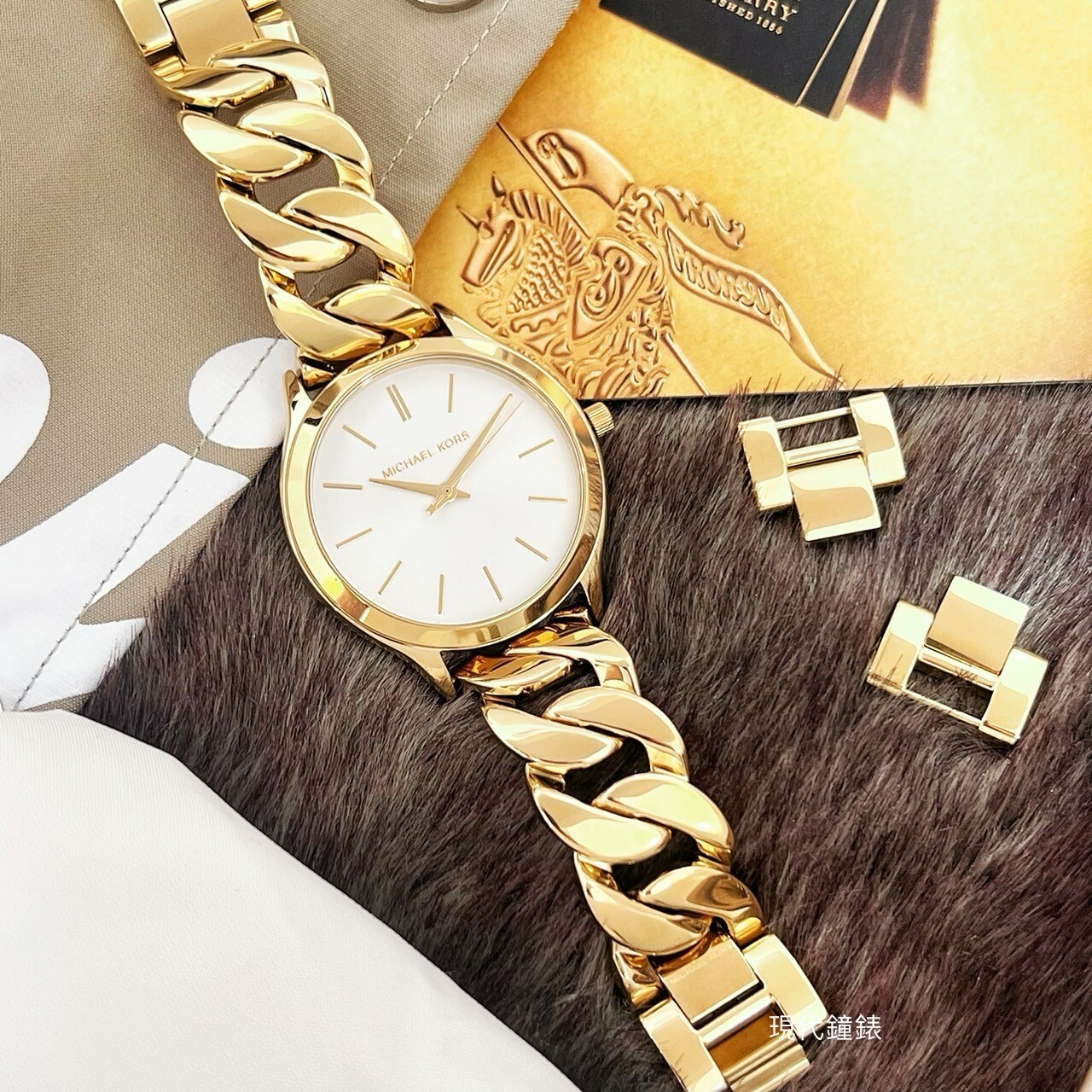 【MICHAEL KORS】SLIM RUNWAY 美式個性編織鍊帶腕錶MK7472 38m 現代鐘錶